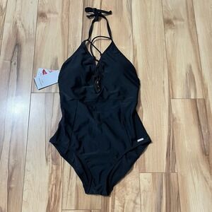 Venice Beach Black Active One Piece Swimsuit 34C/D Lace Front Detail Hook Back